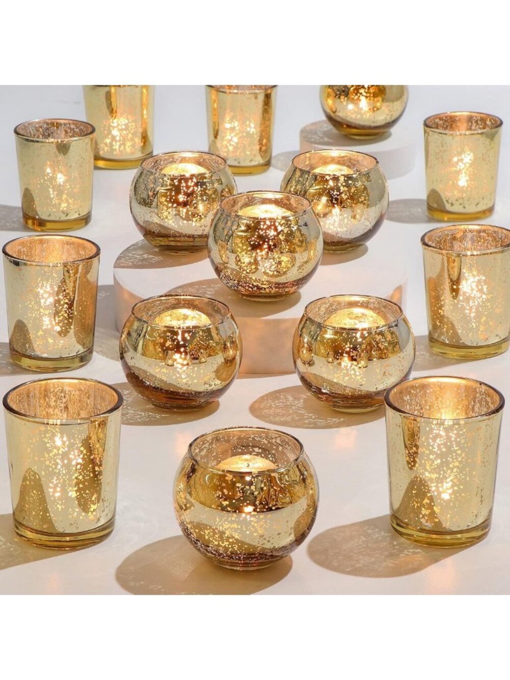 24 Pcs Gold Mercury Glass Votive Candle Holders - Elegant Tea Light Decor